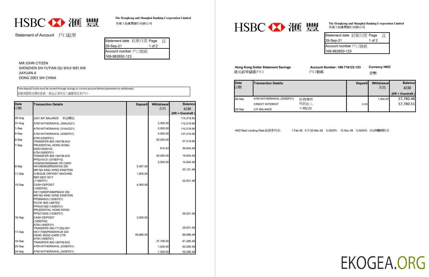 Modèle de relevé bancaire de Hong Kong HSBC The Hongkong and Shanghai Banking Corporation au format Excel et PDF (2 pages)